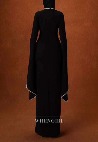 Sheath Beateau Neck Floor Length Formal Dress Long Sleeves Beaded Pearls Evening Gown