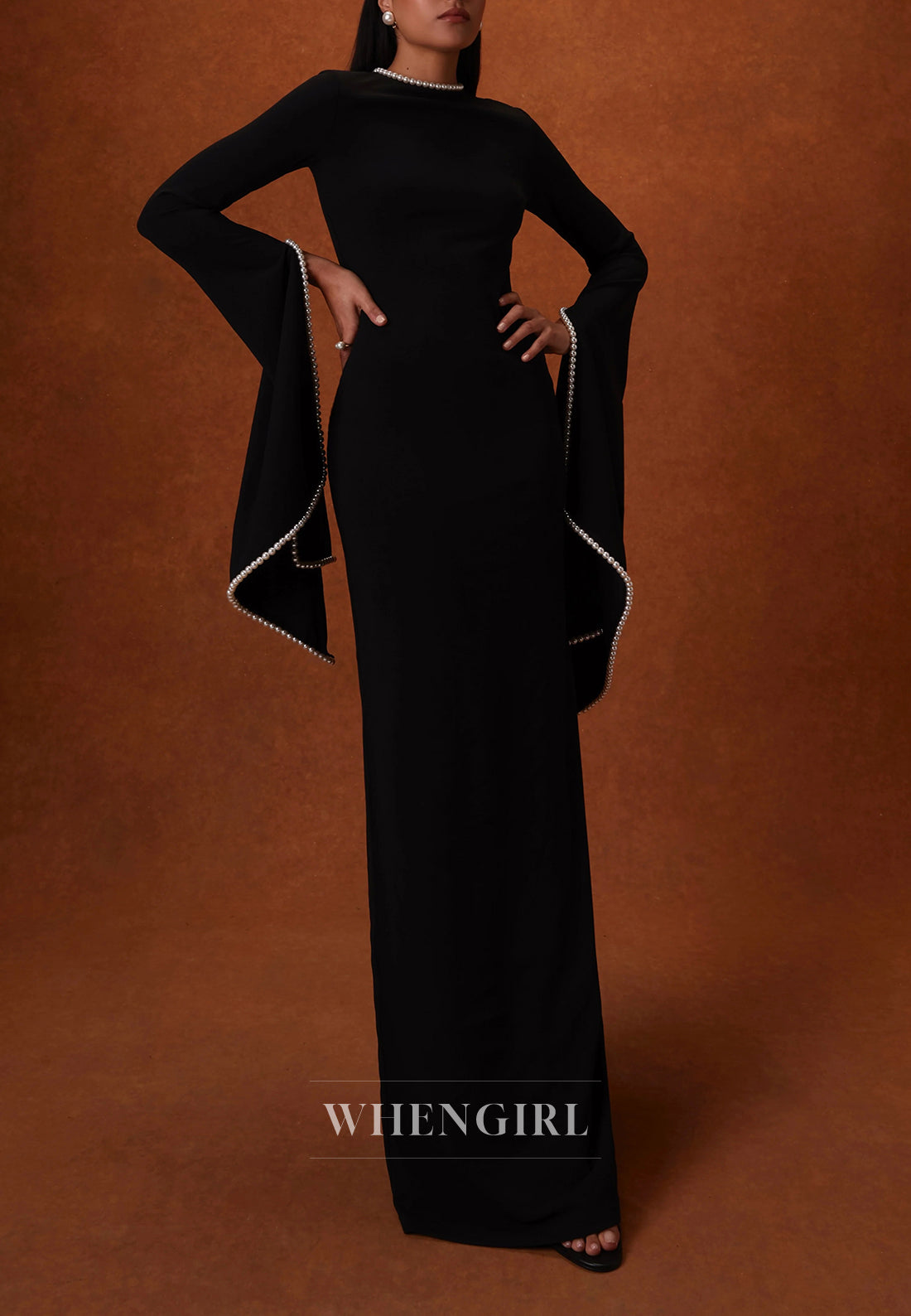 Sheath Beateau Neck Floor Length Formal Dress Long Sleeves Beaded Pearls Evening Gown