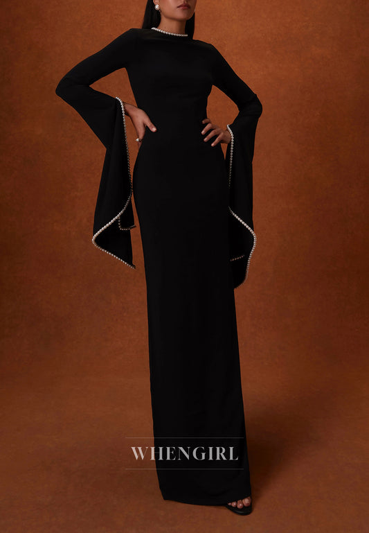 Sheath Beateau Neck Floor Length Formal Dress Long Sleeves Beaded Pearls Evening Gown
