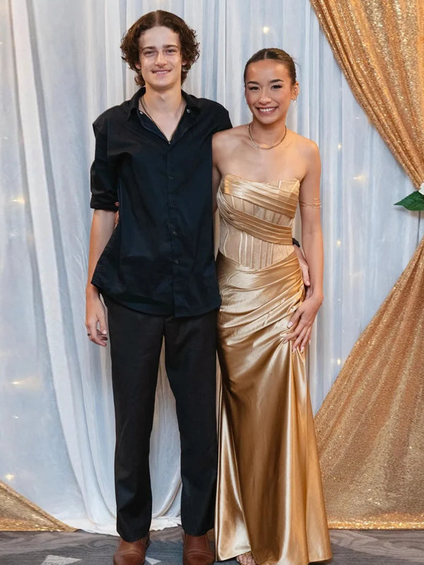 Fashion Satin Lace Gold Sparkly Strapless Mermaid Prom Dress