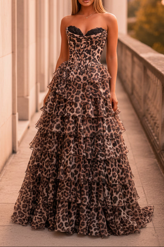 Fashionable A Line Sweetheart Leopard Print Corset Prom Dress with Ruffles