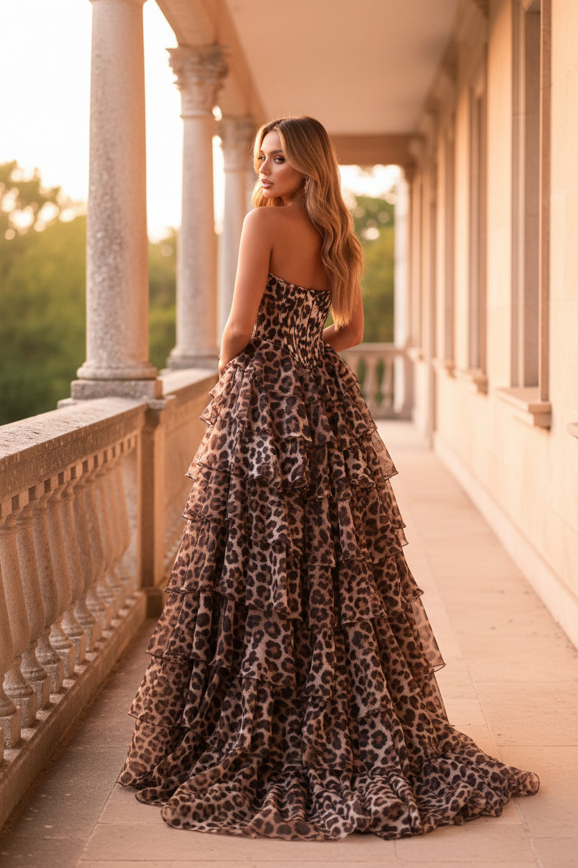 Fashionable A Line Sweetheart Leopard Print Corset Prom Dress with Ruffles