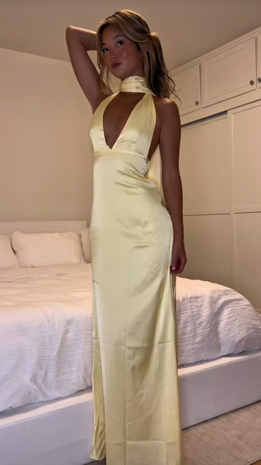 Fashionable Mermaid Deep V Neck Light Yellow Long Prom Dress with Scarf