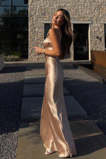 Hot Mermaid Spaghetti Straps Champagne Long Party Dress with Open Back