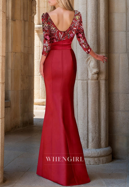Mermaid 3/4 Sleeves Bateau Neck Embroidery Ruffles Back Zipper Mother of the Bride Dress