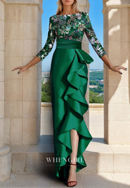 Mermaid 3/4 Sleeves Bateau Neck Embroidery Ruffles Back Zipper Mother of the Bride Dress