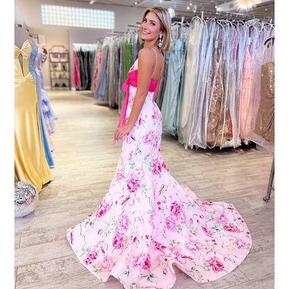 Mermaid Satin Floral Print Prom Dresses Long V Neck Evening Party Gowns for Women