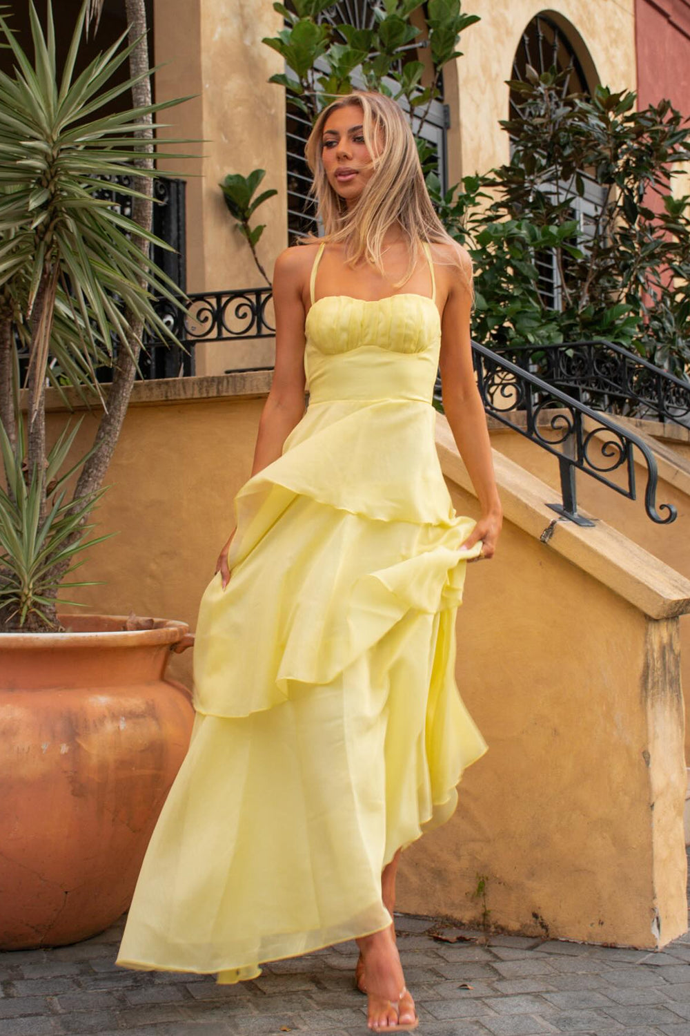 Flowing Lemon Yellow Organza Tiered Delicate Spaghetti Straps Party Dress