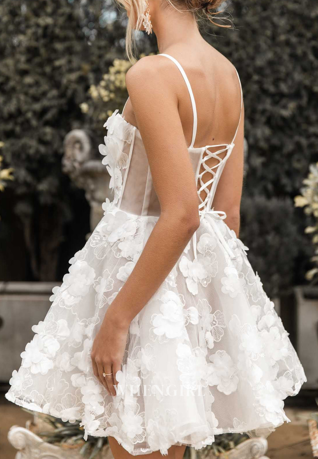 A-Line Sweetheart Appliqued Spaghetti Straps Lace Up Short Wedding Dress