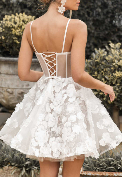 A-Line Sweetheart Appliqued Spaghetti Straps Lace Up Short Wedding Dress