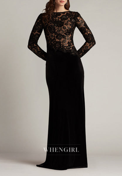 Black Bateau Neck Long Sleeves Lace Top Mermaid Mother of the Bride Dress