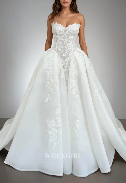 Ball Gown Sweetheart Sleeveless Beaded Appliqued Lace Wedding Dress with Court Train