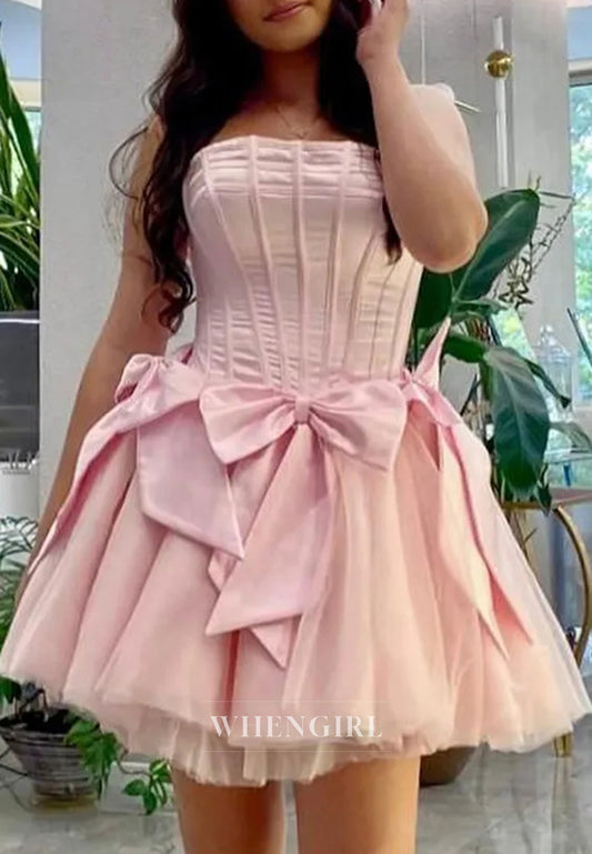 Light Pink A-Line Sleeveless Strapless Bowknot Lace Up Short Homecoming Dress