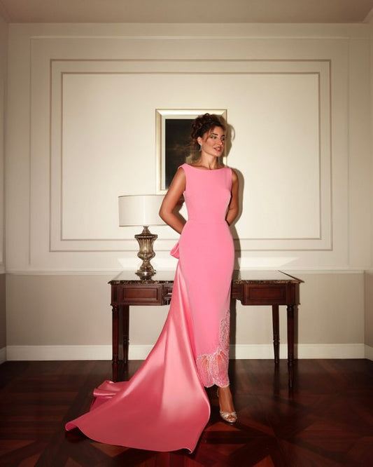 Pink Sheath Appliques Party Dress Sleeveless Bowknot Evening Gown