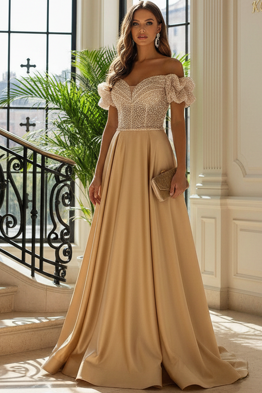 A Line Satin Evening Gown Off the Shoulder Sequin Formal Dresses