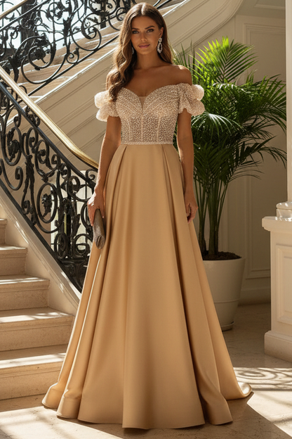 A Line Satin Evening Gown Off the Shoulder Sequin Formal Dresses