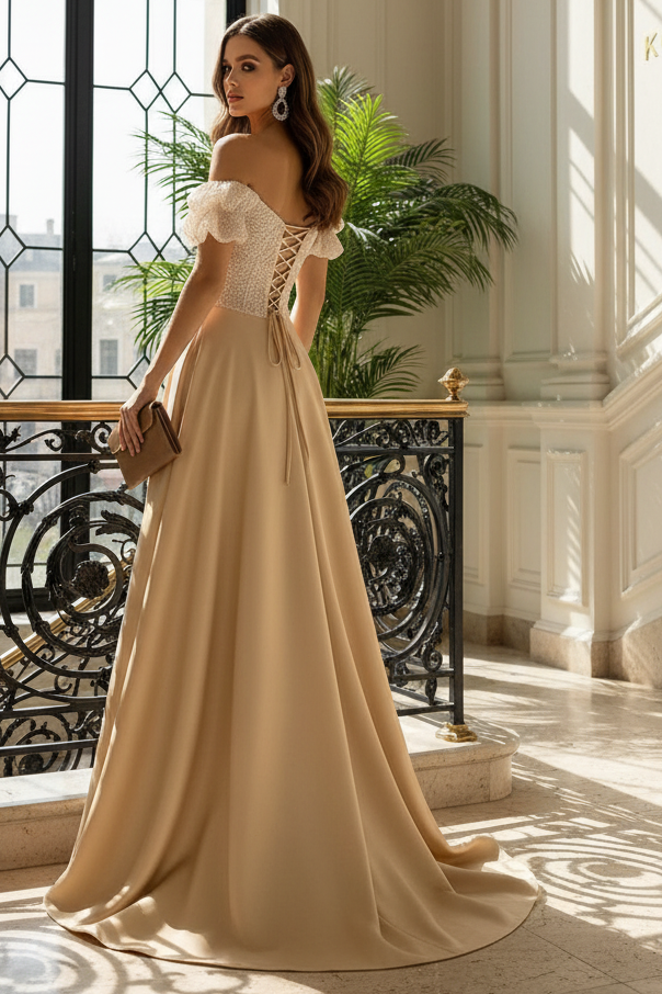 A Line Satin Evening Gown Off the Shoulder Sequin Formal Dresses