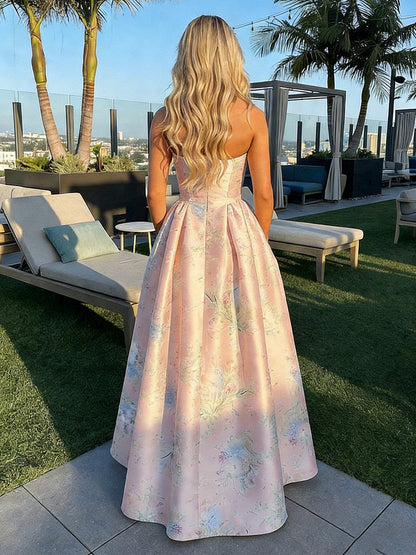 Satin A Line Strapless Back Zipper Floral Print Formal Dress