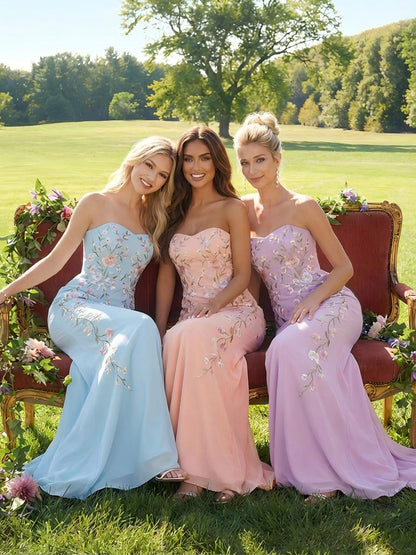 Elegant Embroidered Evening Gown Strapless Floral Bridesmaid Dresses