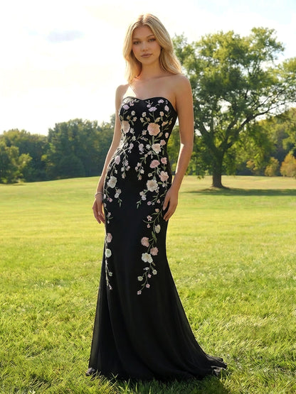 Elegant Embroidered Evening Gown Strapless Floral Bridesmaid Dresses