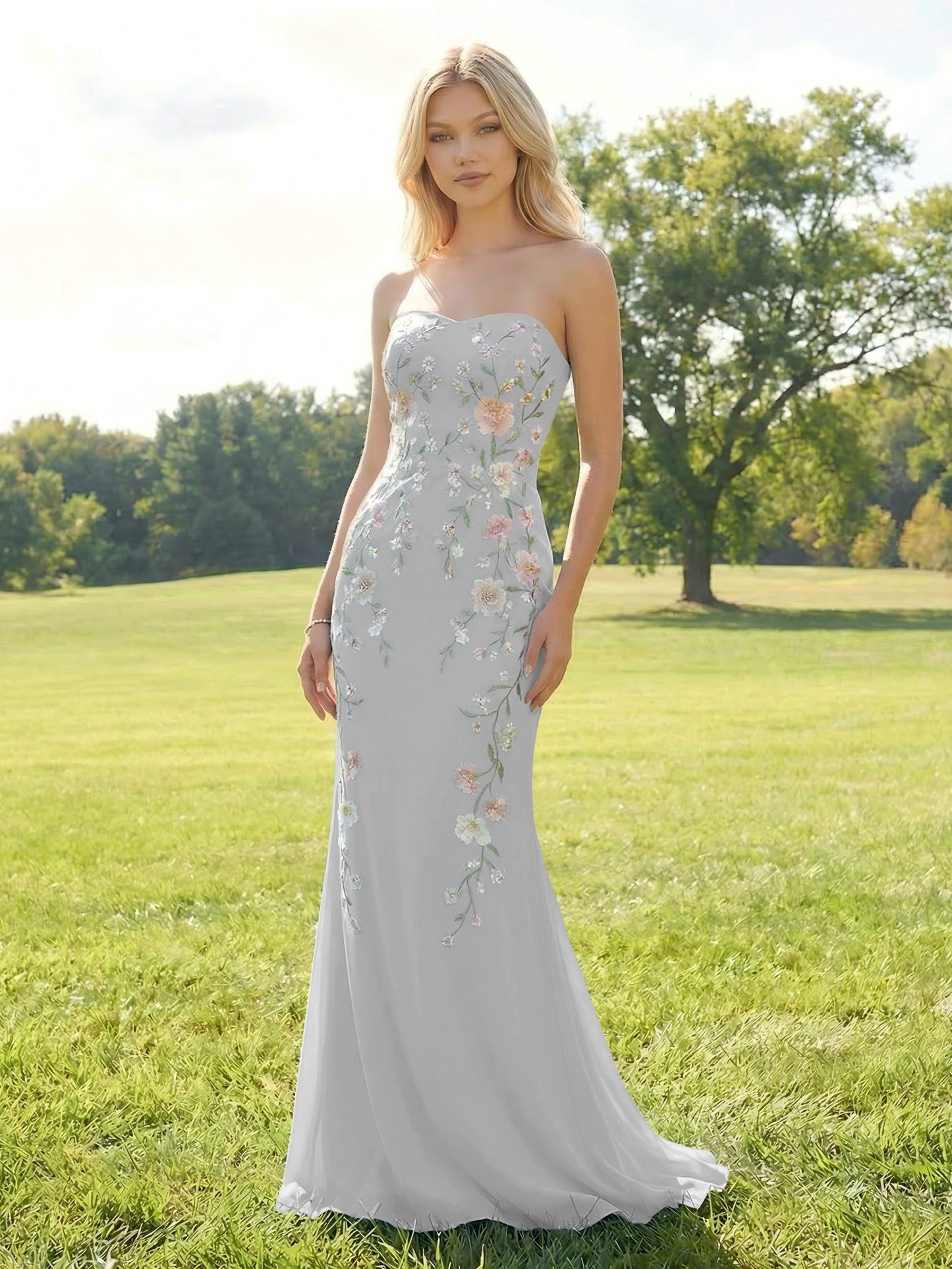 Elegant Embroidered Evening Gown Strapless Floral Bridesmaid Dresses
