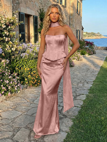 Sheath Satin Mermaid Strapless Long Formal Dresses with Scarf
