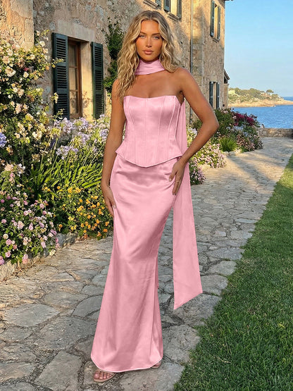 Sheath Satin Mermaid Strapless Long Formal Dresses with Scarf