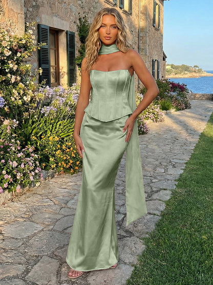 Sheath Satin Mermaid Strapless Long Formal Dresses with Scarf