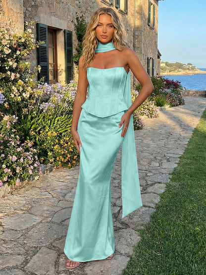 Sheath Satin Mermaid Strapless Long Formal Dresses with Scarf