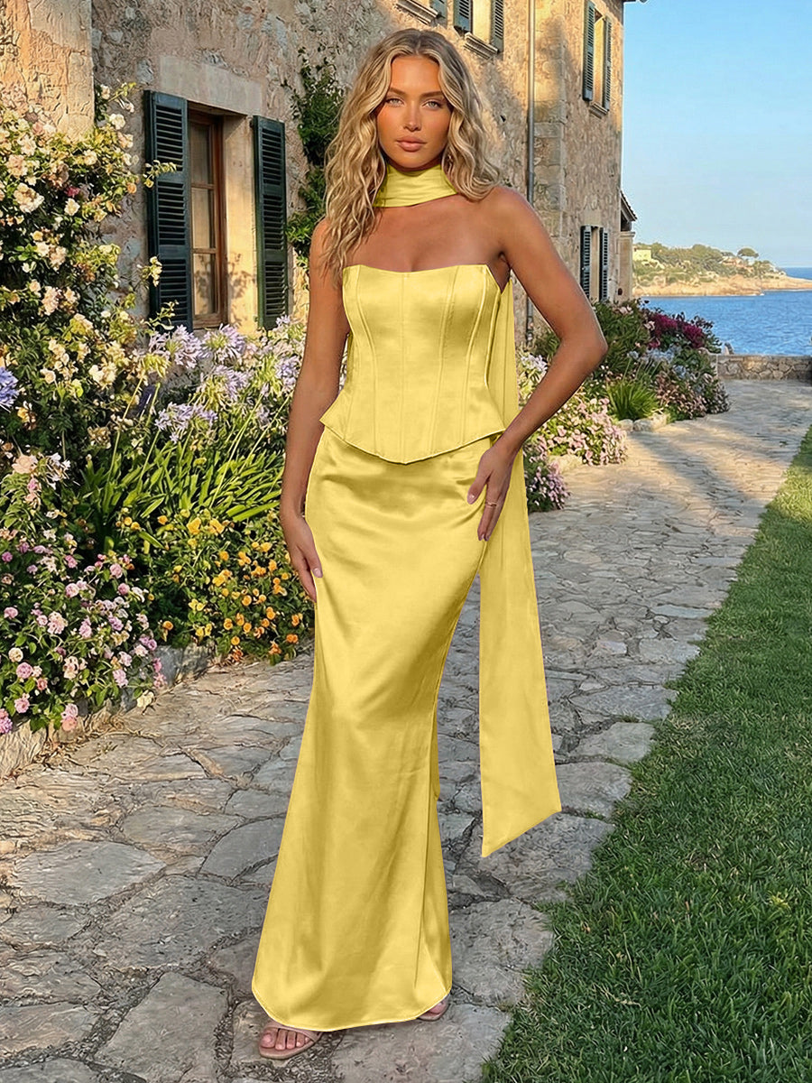 Sheath Satin Mermaid Strapless Long Formal Dresses with Scarf