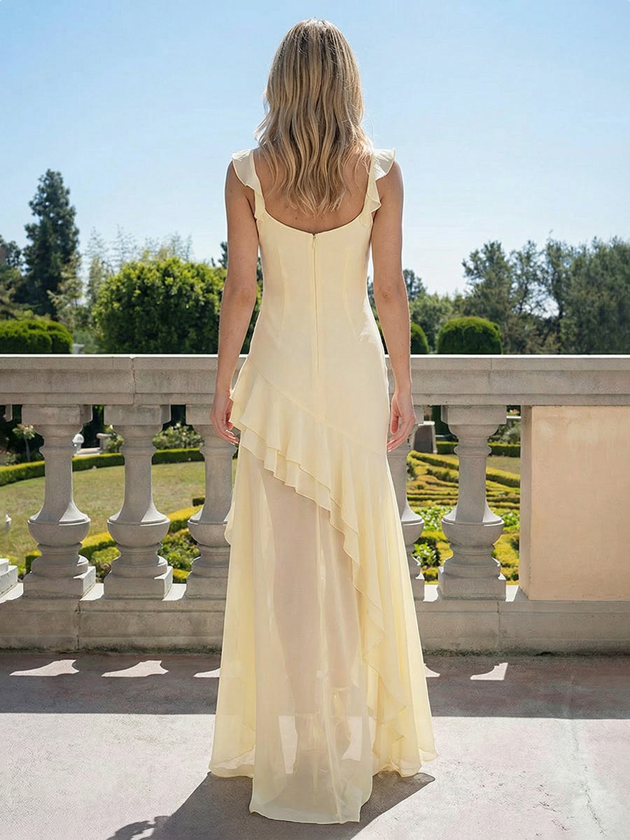 Chiffon Square Neck Asymmetrical Hem Column Wedding Guest Dresses
