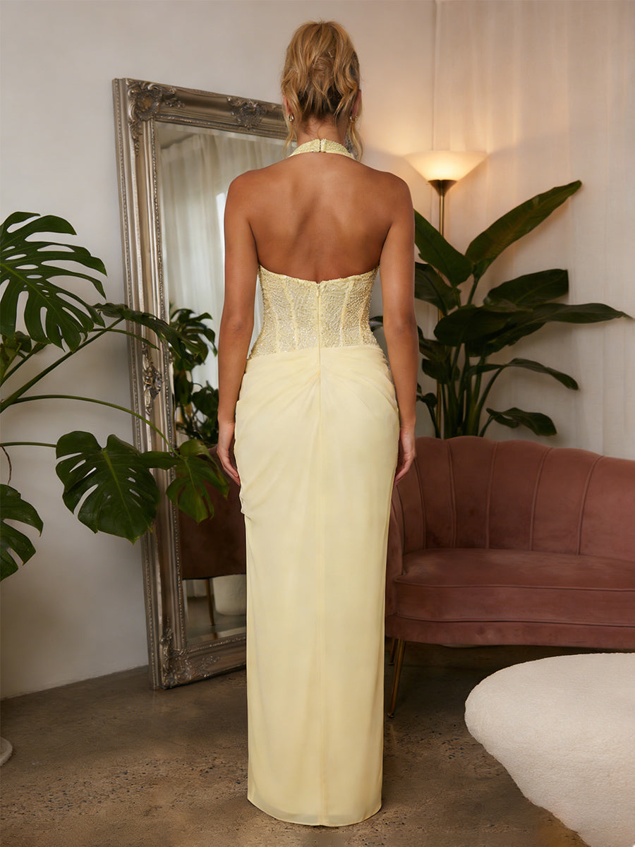 Halter Sequin Sheath Chiffon Pleats Evening Dress Backless Party Gowns