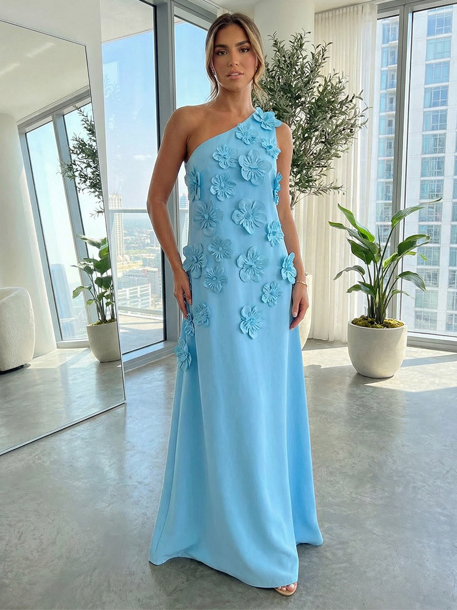 Column One Shoulder 3D Flowers Formal Dress