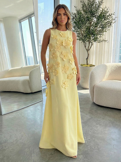 Column Sleeveless Crew Neck 3D Flowers Formal Dresses