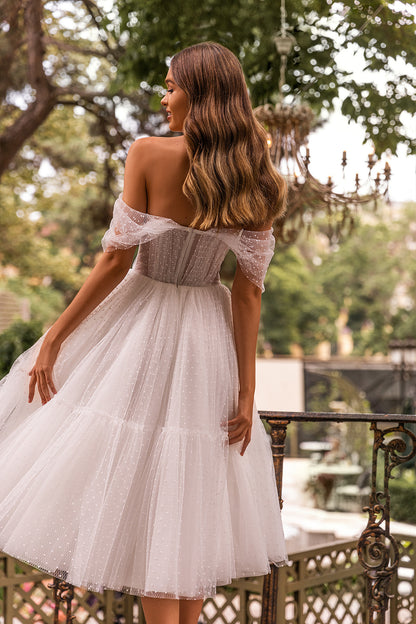 A-Line Off Shoulder Sleeveless Pleated Tea Length Tulle Wedding Dress