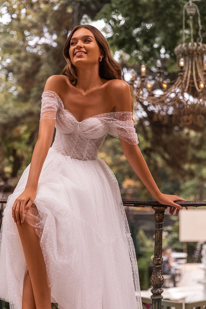 A-Line Off Shoulder Sleeveless Pleated Tea Length Tulle Wedding Dress