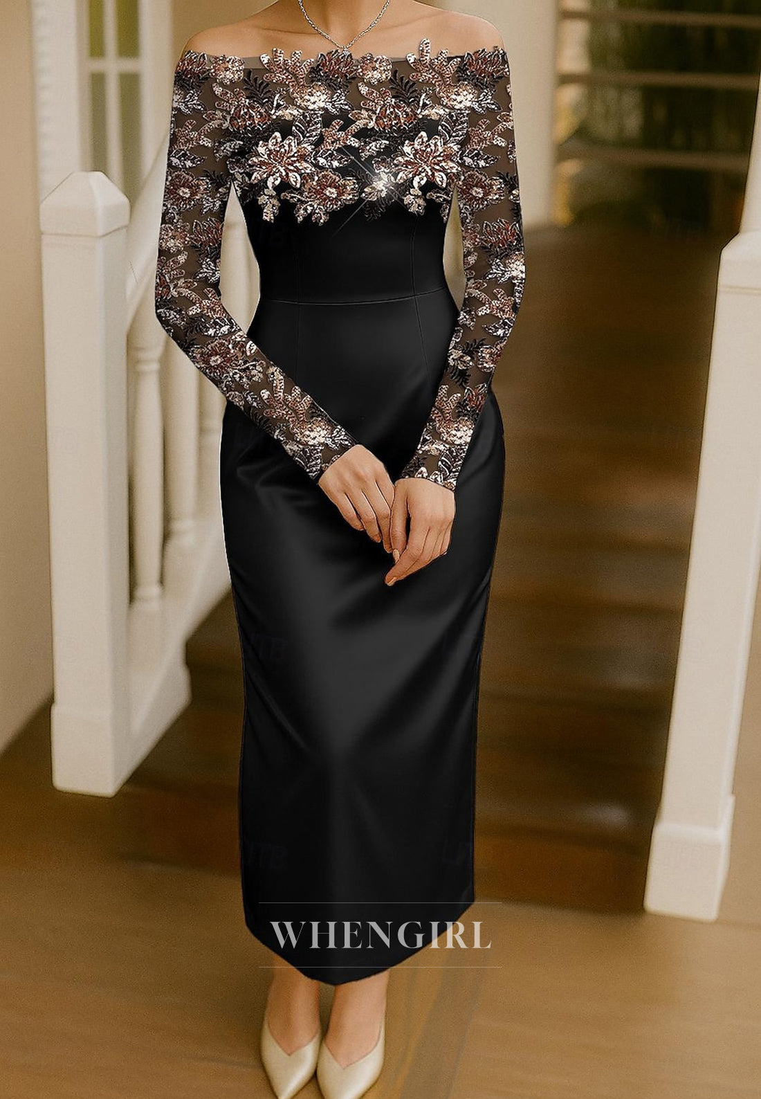 Sheath Off Shoulder Long Sleeves Back Zipper Embroidery Mother of the Bride Dress
