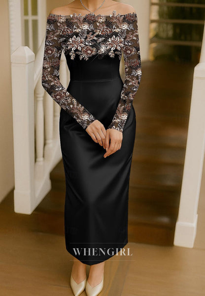 Sheath Off Shoulder Long Sleeves Back Zipper Embroidery Mother of the Bride Dress