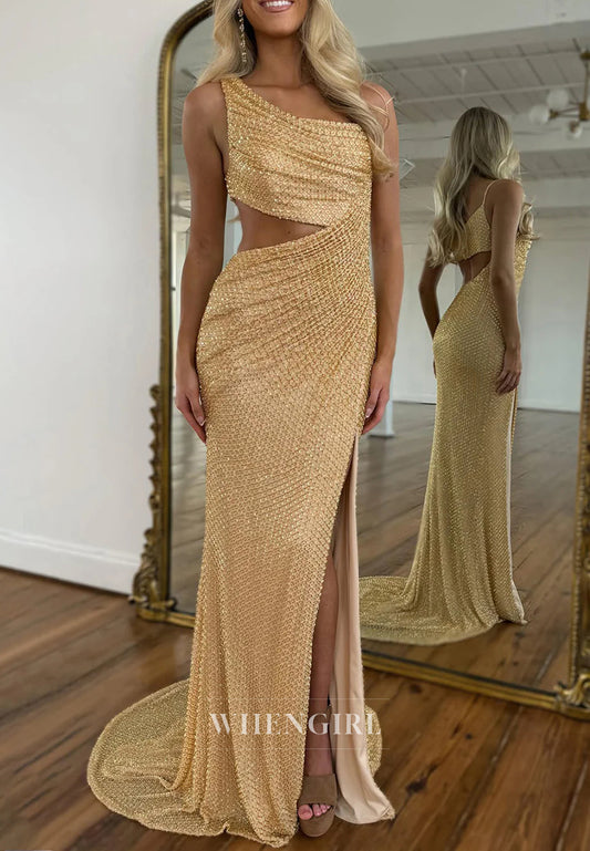 Gold One Shoulder Cut Out Side Slit Sweep Train Sheath Prom Dress