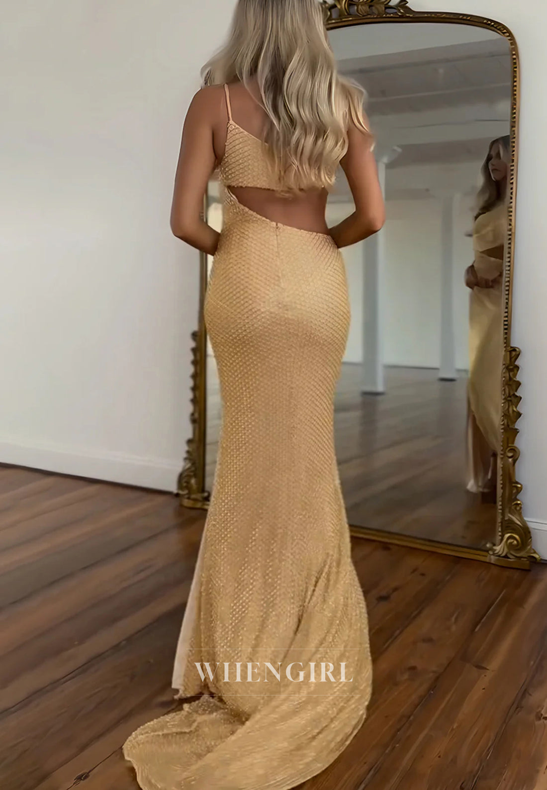 Gold One Shoulder Cut Out Side Slit Sweep Train Sheath Prom Dress
