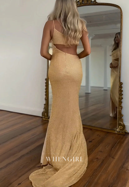 Gold One Shoulder Cut Out Side Slit Sweep Train Sheath Prom Dress