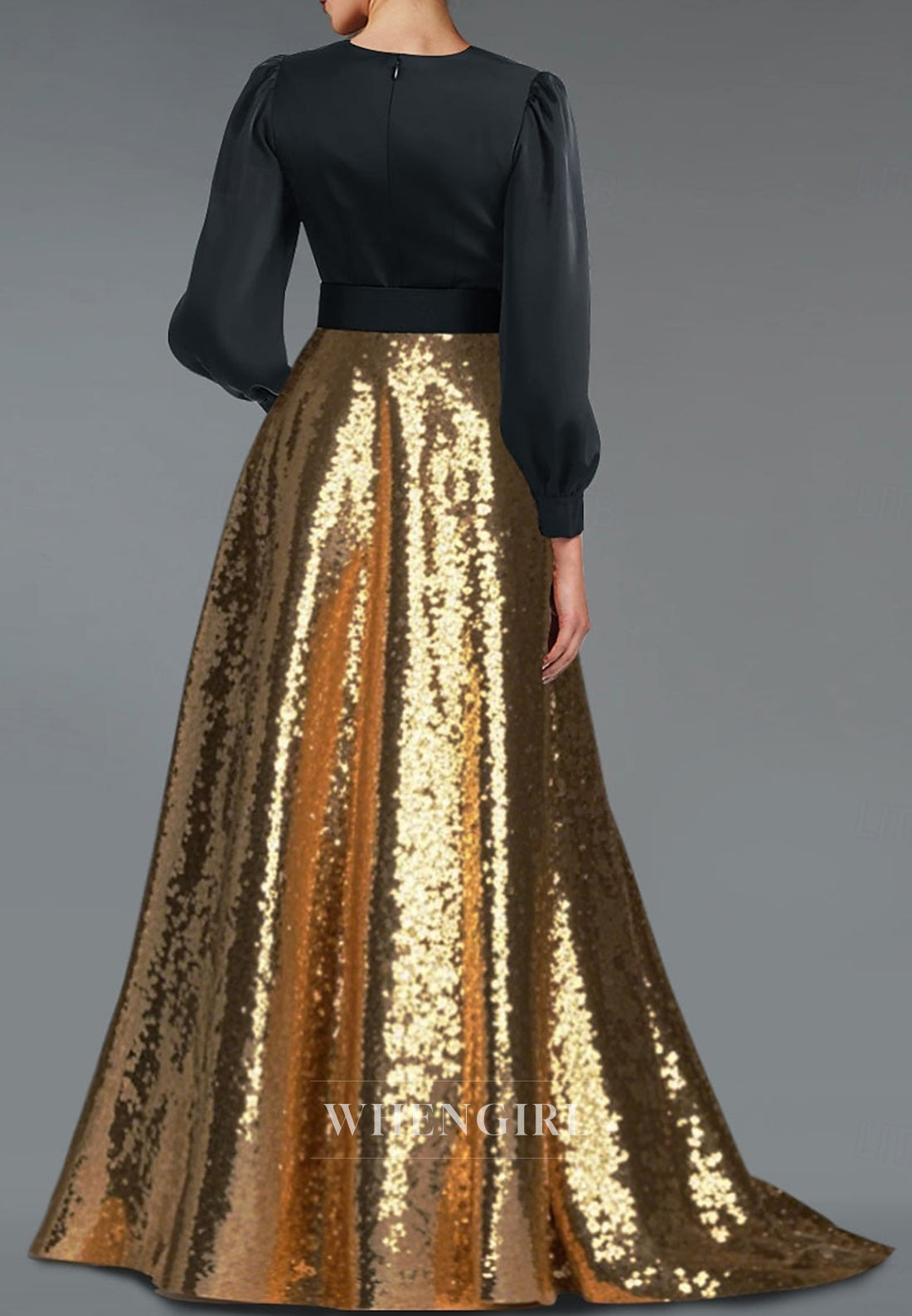 Long Sleeves V Neck Belt A-Line Sequin Beaded Mother of the Bride Dress