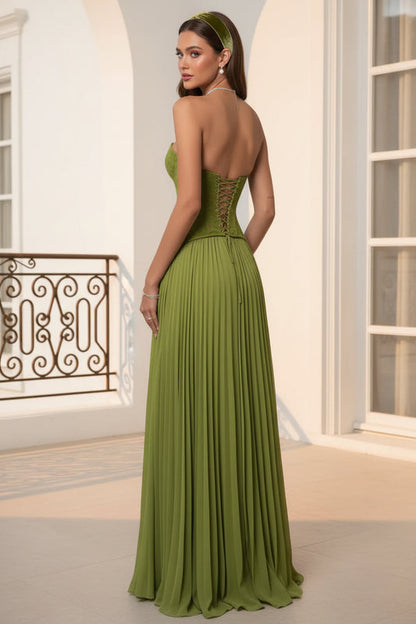 Green Halter Sleeveless Lace Up Column Evening Formal Dress