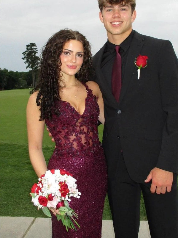 Grape Lace Applique Sequin Lace-Up Back Mermaid Shiny Prom Dresses