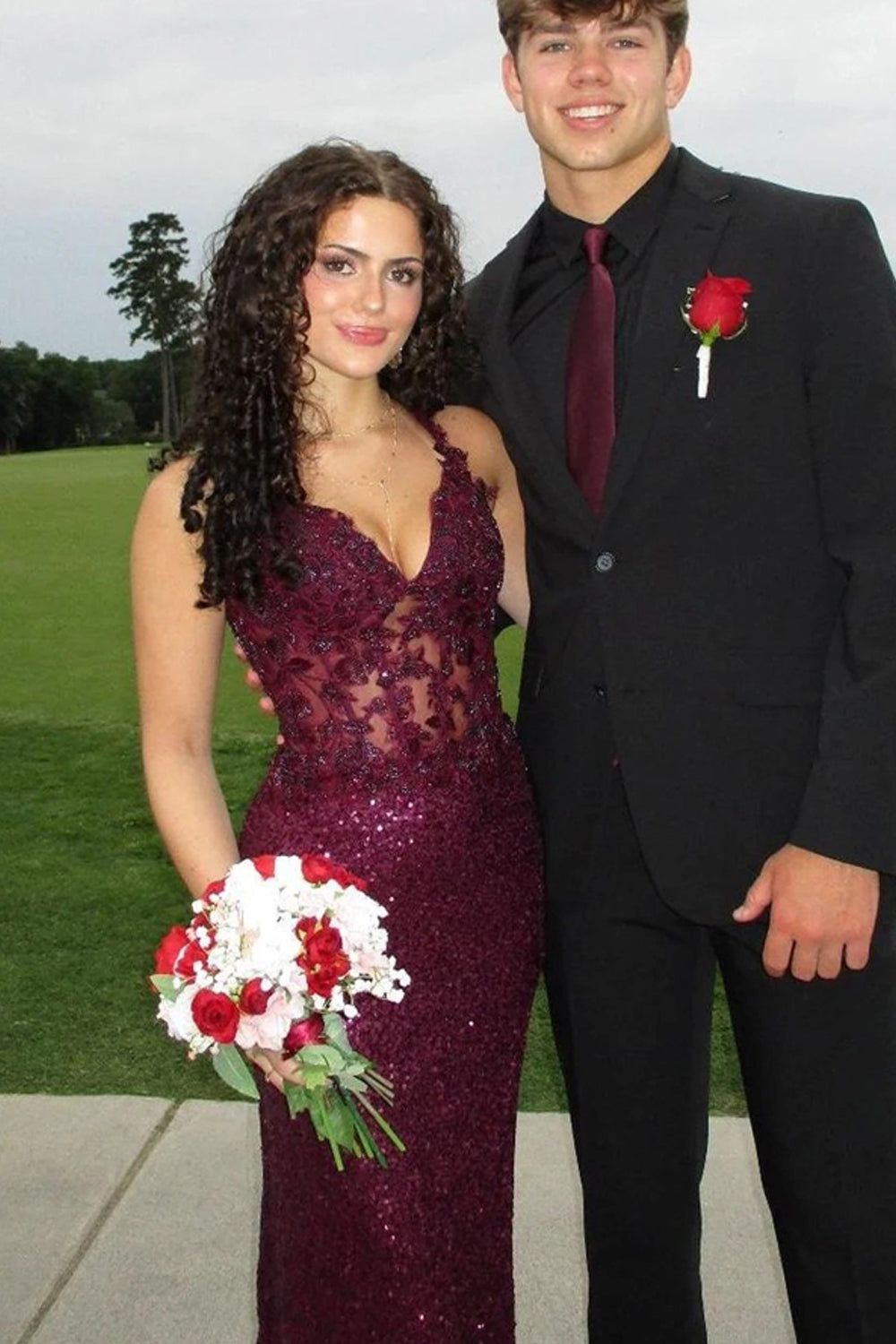 Grape Lace Applique Sequin Lace-Up Back Mermaid Shiny Prom Dresses