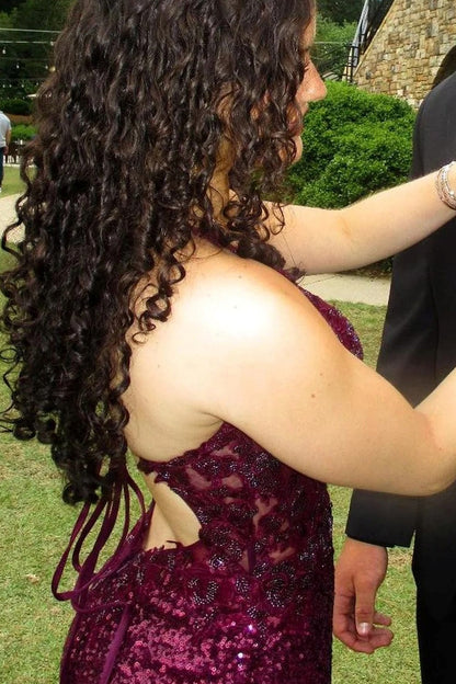 Grape Lace Applique Sequin Lace-Up Back Mermaid Shiny Prom Dresses