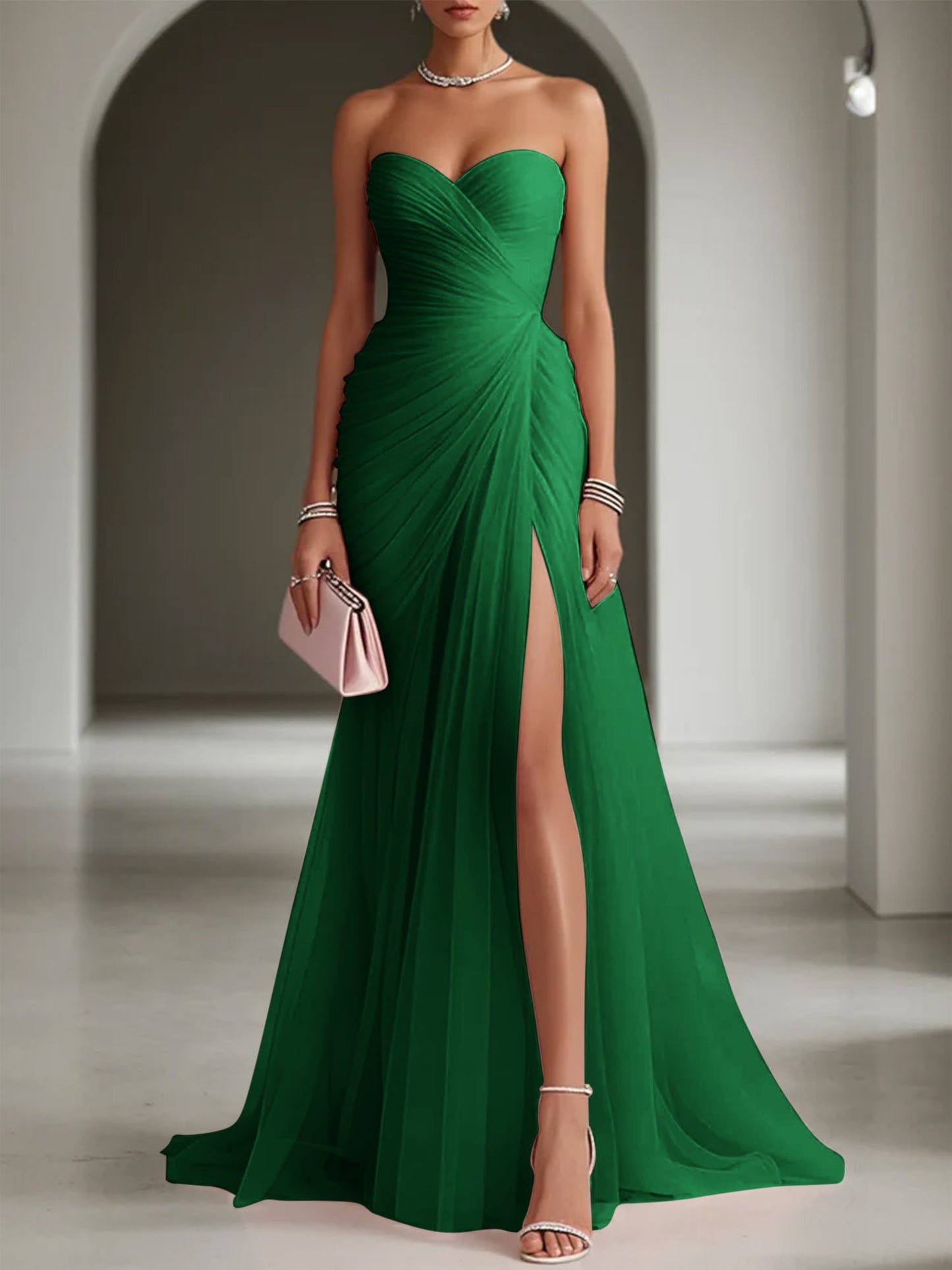 Ruched Slit Tulle Strapless Sleeveless Sheath Formal Gown