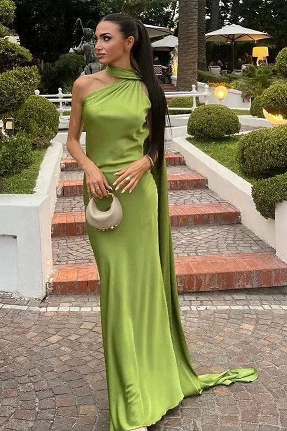 Green Elastic Satin Halter Shawl Mermaid Formal Dress