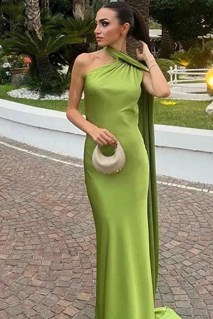 Green Elastic Satin Halter Shawl Mermaid Formal Dress