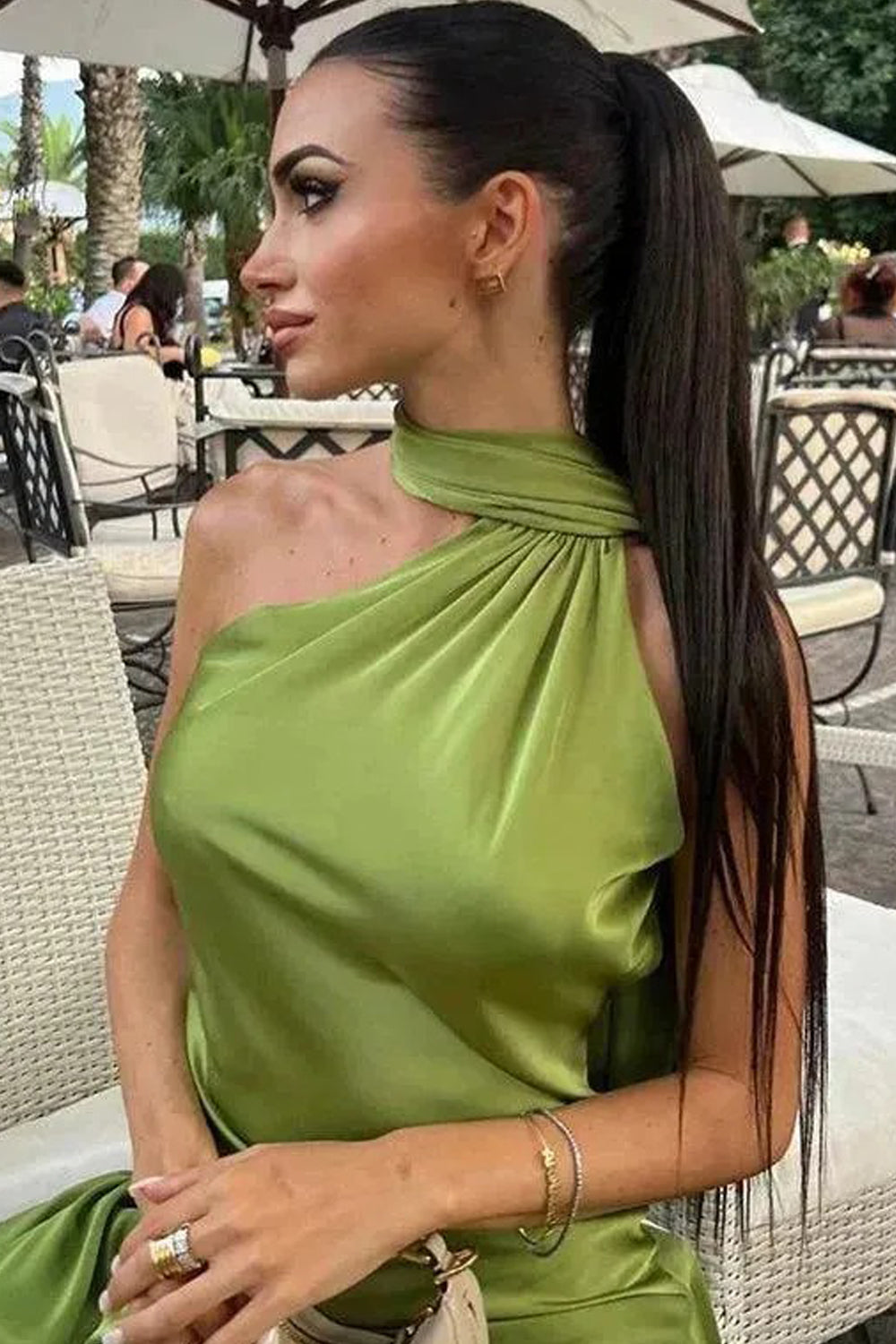 Green Elastic Satin Halter Shawl Mermaid Formal Dress